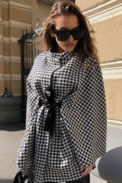 Houndstooth Tie Waist Trench Coat - Blu Lotus Boutique