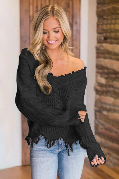 Frayed Hem Dropped Shoulder Sweater - Blu Lotus Boutique