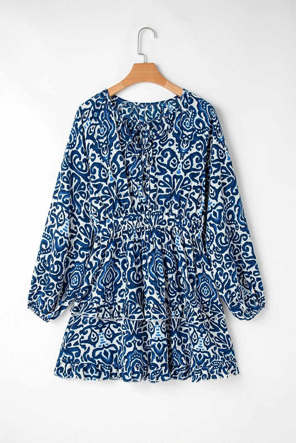 Printed Tie Neck Long Sleeve Dress - Blu Lotus Boutique