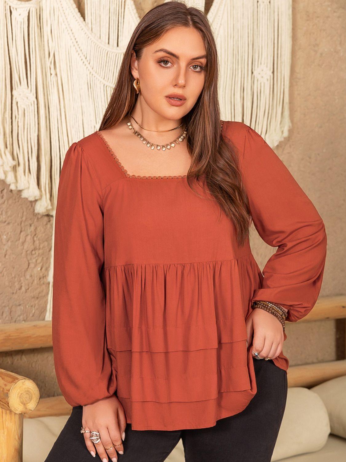 Plus Size Lace Detail Square Neck Long Sleeve Blouse - Blu Lotus Boutique