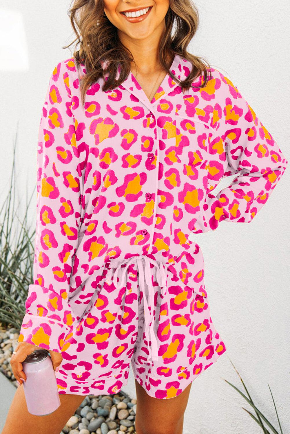 Pink Leopard Print Long Sleeve Shirt and Shorts Pajama Set - Blu Lotus Boutique