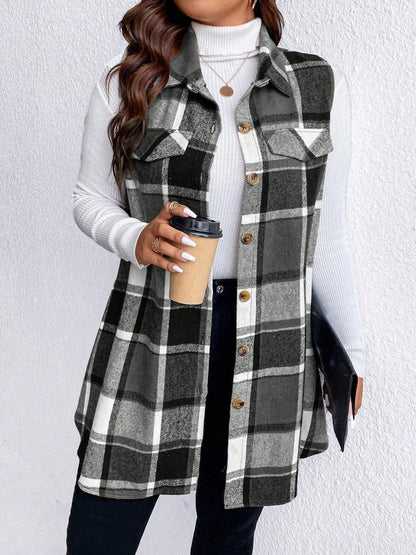 Honey Plus Size Pocketed Plaid Button Up Vest Coat - Blu Lotus Boutique