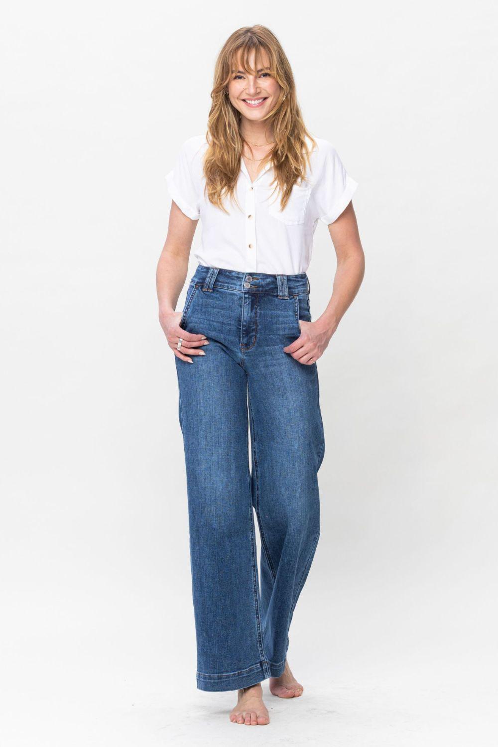 Judy Blue Full Size Double Button Wide Leg Jeans - Blu Lotus Boutique