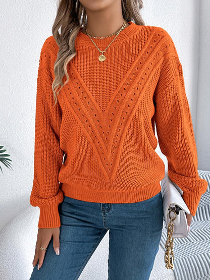 Openwork Round Neck Long Sleeve Sweater - Blu Lotus Boutique