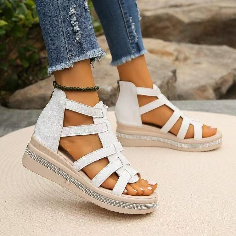 Cutout Rhinestone Trim Wedge Sandals - Blu Lotus Boutique