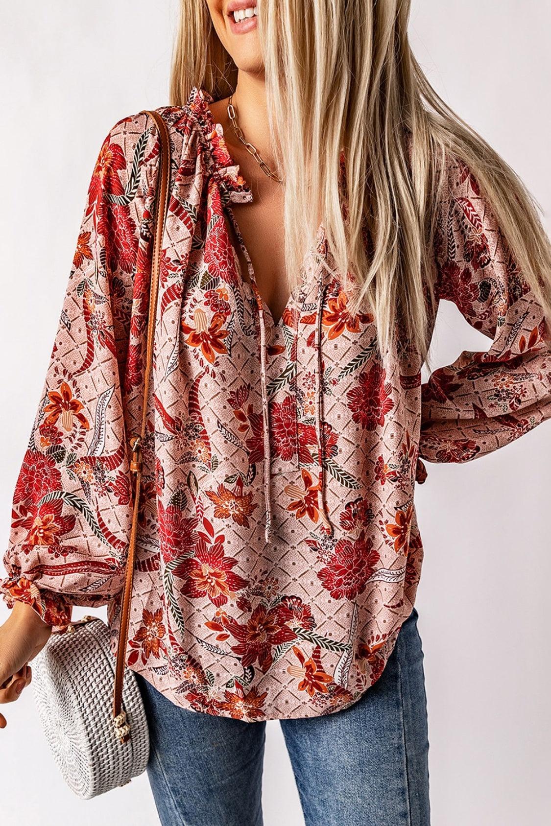 Floral Tie Neck Flounce Sleeve Blouse - Blu Lotus Boutique