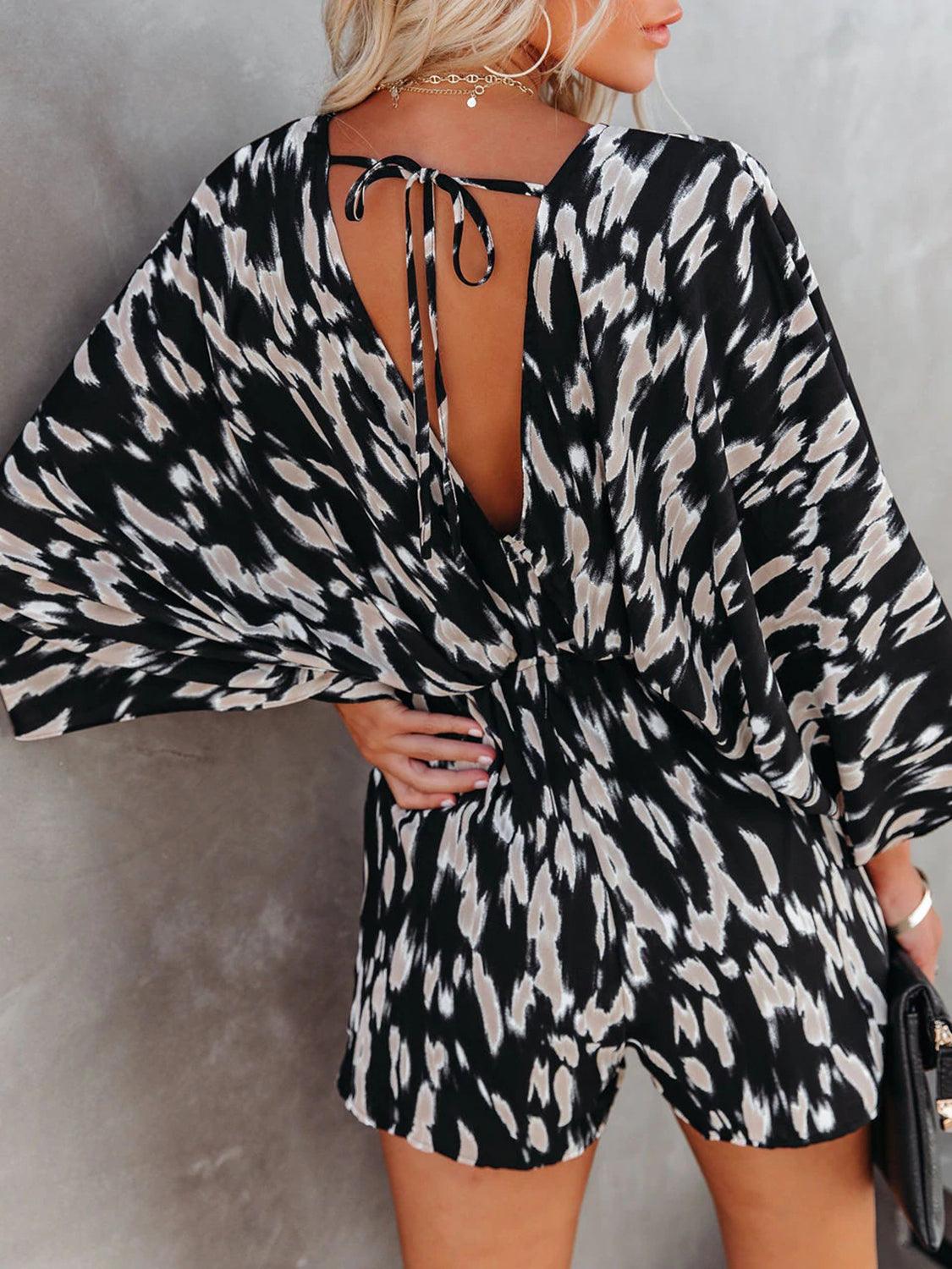 Tied Printed Kimono Sleeve Romper - Blu Lotus Boutique