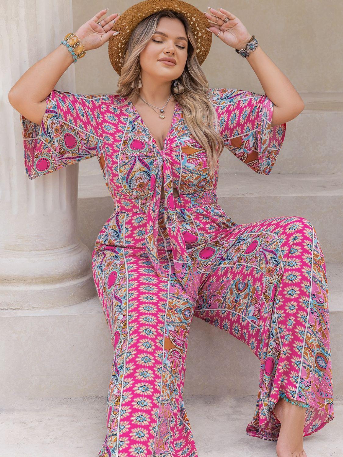 Plus Size Printed Half Sleeve Wide Leg Jumpsuit - Blu Lotus Boutique