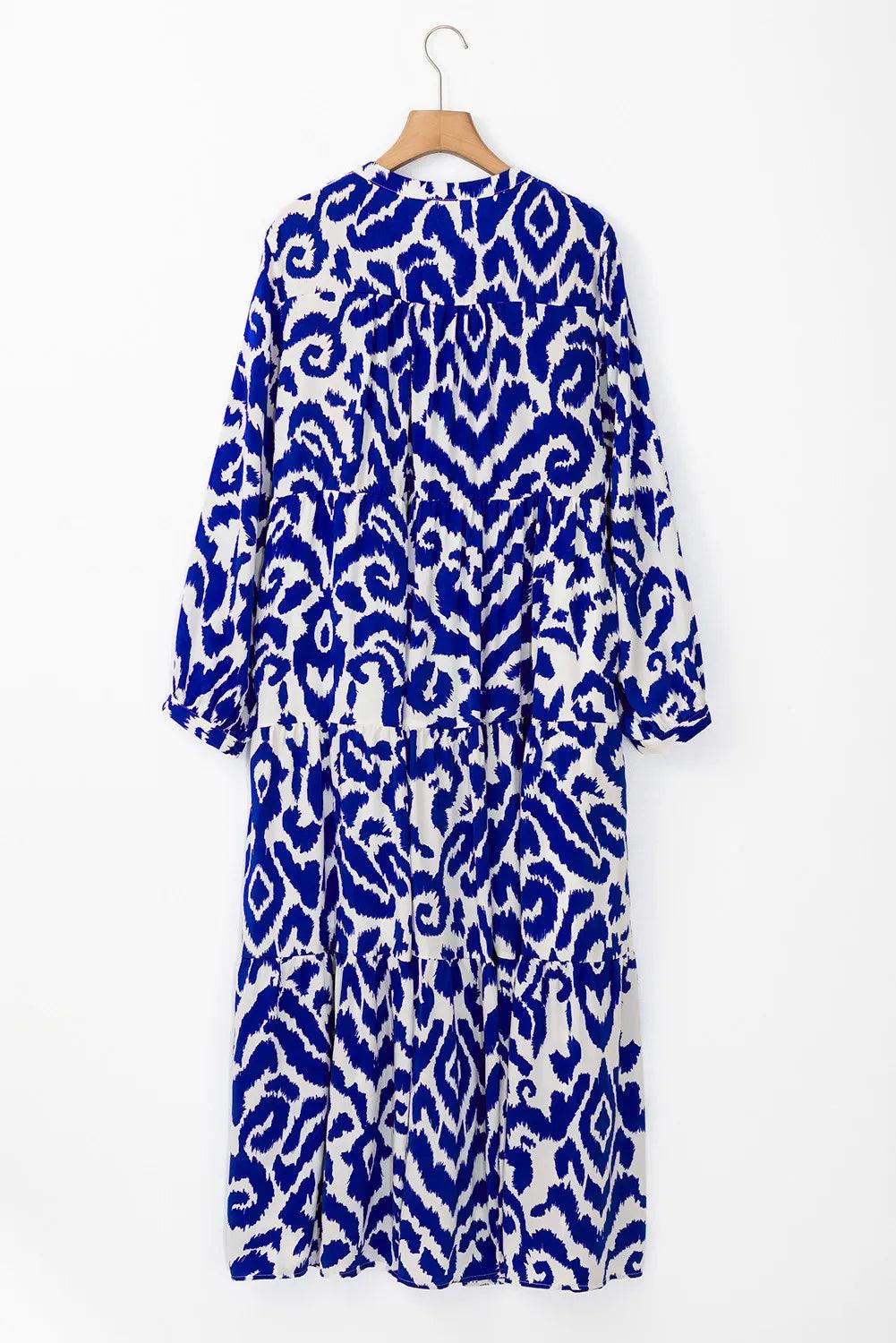 Tiered Printed Notched Long Sleeve Midi Dress - Blu Lotus Boutique