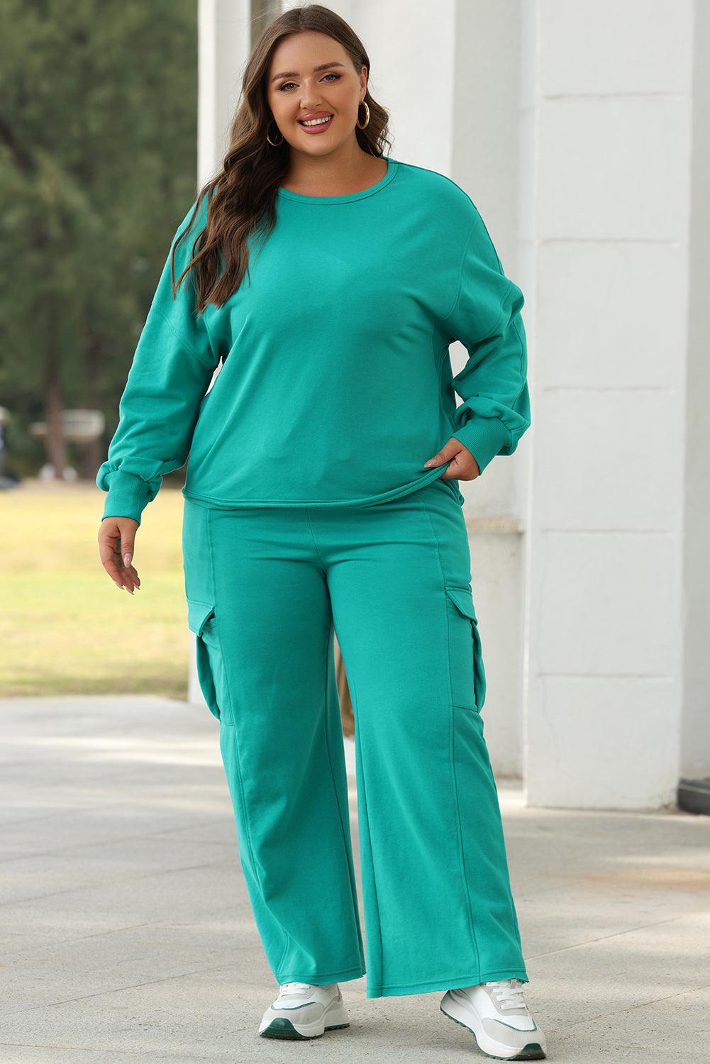 Solid Color Pullover Top and Cargo Pants Set