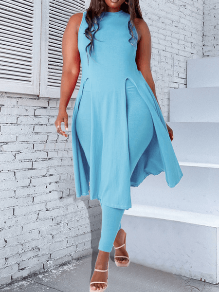 Solid Color Split Top + Trousers Two-Piece Set - Blu Lotus Boutique