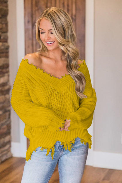 Frayed Hem Dropped Shoulder Sweater - Blu Lotus Boutique