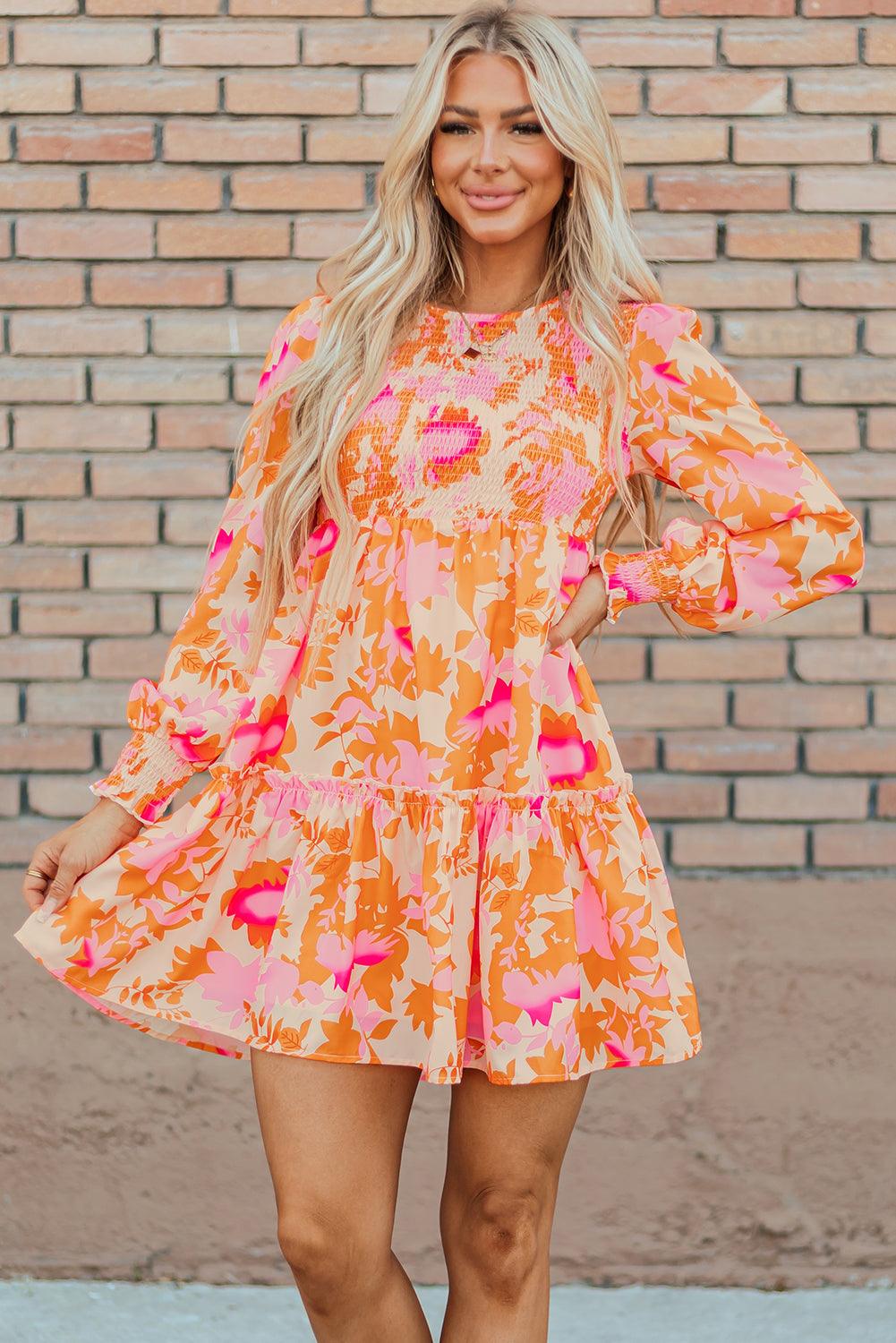 Orange Abstract Print Smocked Lantern Sleeve Ruffle Mini Dress - Blu Lotus Boutique