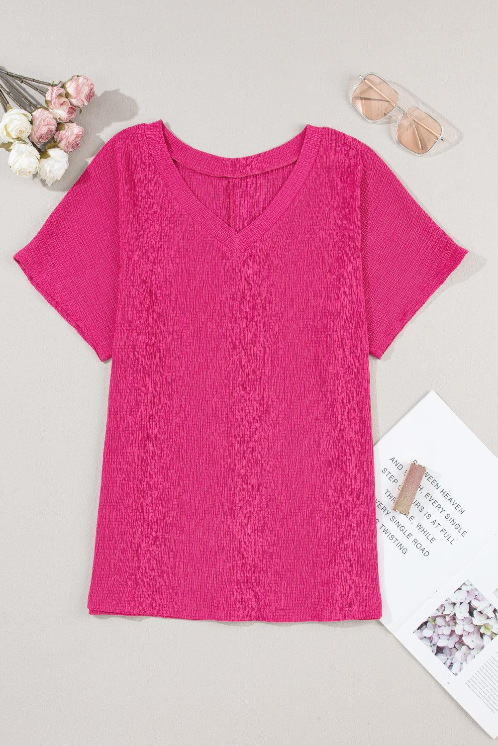 Bright Pink Crinkled V Neck Wide Sleeve T-shirt - Blu Lotus Boutique