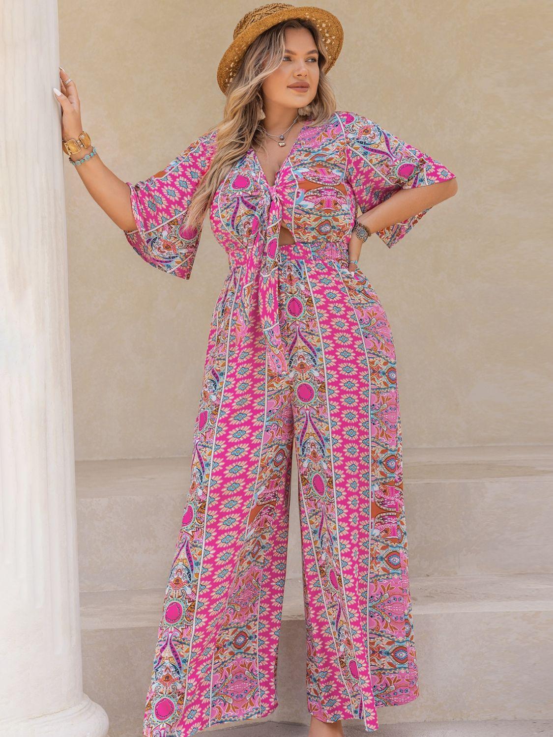 Plus Size Printed Half Sleeve Wide Leg Jumpsuit - Blu Lotus Boutique