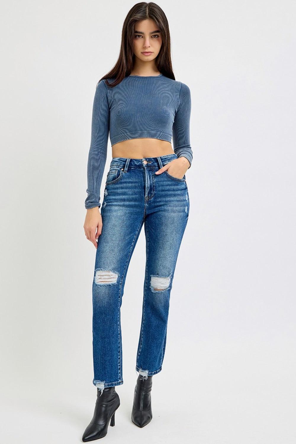 RISEN Full Size High Rise Distressed Crop Straight Jeans - Blu Lotus Boutique