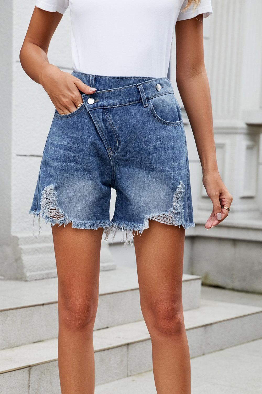 Distressed Raw Hem Asymmetric Waist Denim Shorts - Blu Lotus Boutique