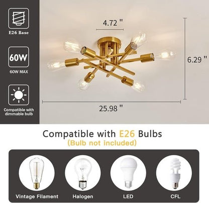 6 - Light Gold Sputnik Chandelier Semi Flush Modern - Blu Lotus Boutique