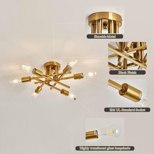 6 - Light Gold Sputnik Chandelier Semi Flush Modern - Blu Lotus Boutique