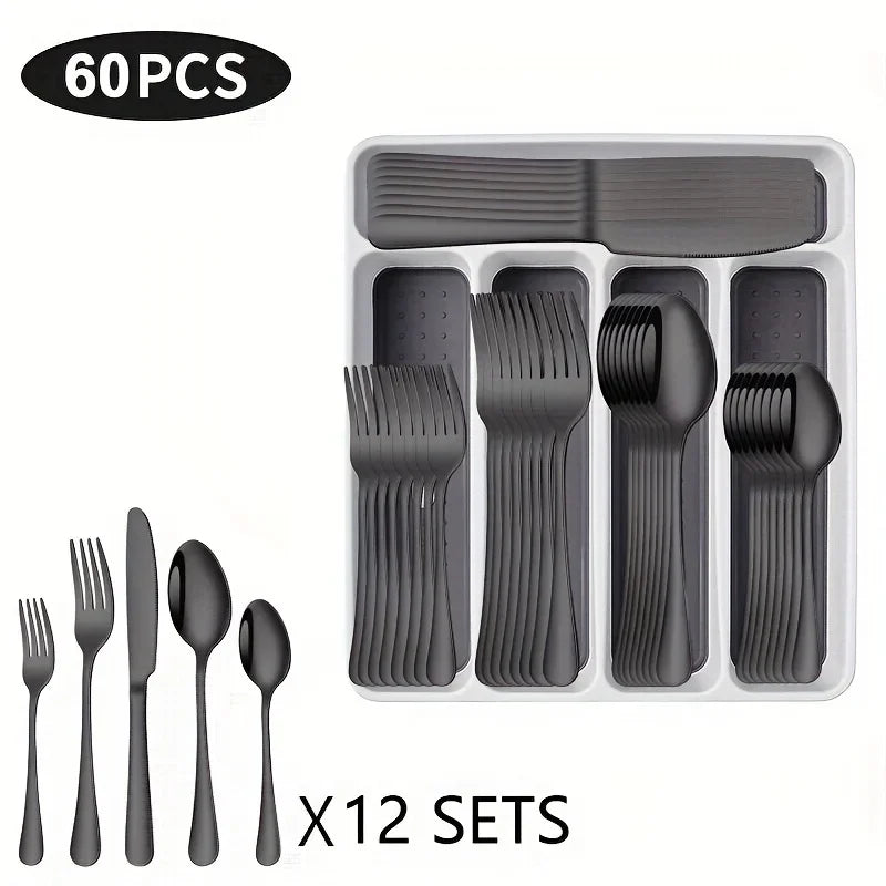 60 Pieces Cutlery Set with Drawer Storage Box Including Knives, Forks Spoons Dishwasher Safe Suitable Dinnerware Set - Blu Lotus Boutique
