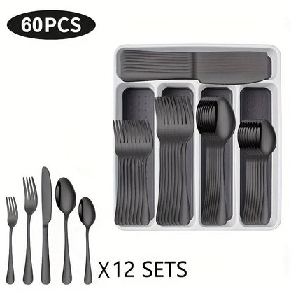 60 Pieces Cutlery Set with Drawer Storage Box Including Knives, Forks Spoons Dishwasher Safe Suitable Dinnerware Set - Blu Lotus Boutique