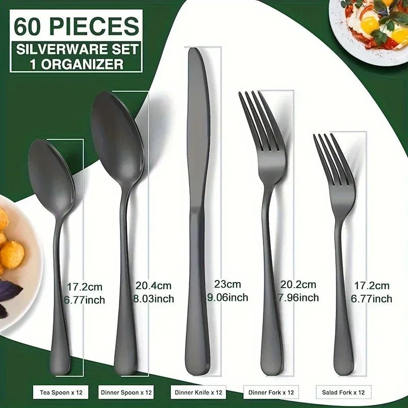 60 Pieces Cutlery Set with Drawer Storage Box Including Knives, Forks Spoons Dishwasher Safe Suitable Dinnerware Set - Blu Lotus Boutique