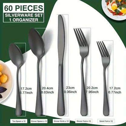 60 Pieces Cutlery Set with Drawer Storage Box Including Knives, Forks Spoons Dishwasher Safe Suitable Dinnerware Set - Blu Lotus Boutique