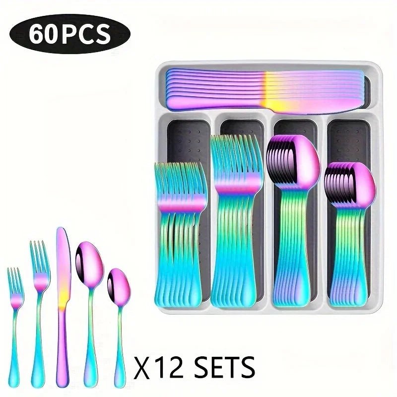 60 Pieces Cutlery Set with Drawer Storage Box Including Knives, Forks Spoons Dishwasher Safe Suitable Dinnerware Set - Blu Lotus Boutique