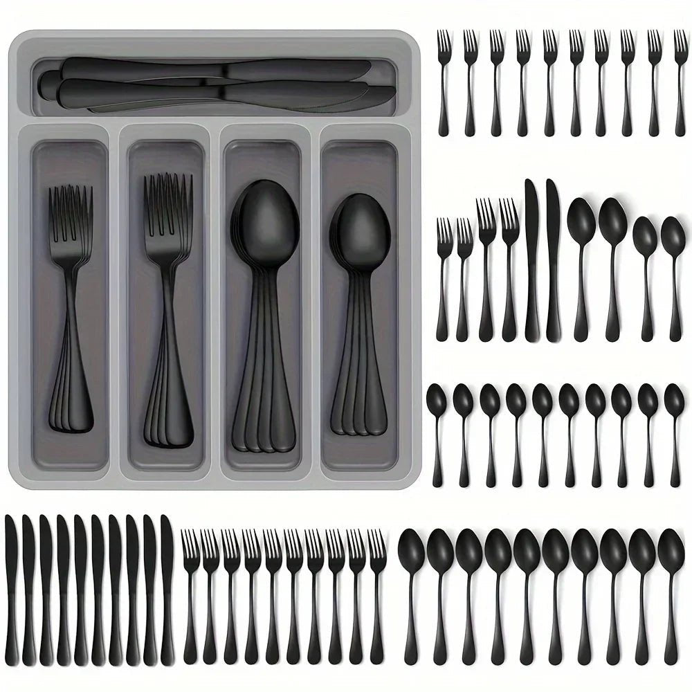 60 Pieces Cutlery Set with Drawer Storage Box Including Knives, Forks Spoons Dishwasher Safe Suitable Dinnerware Set - Blu Lotus Boutique