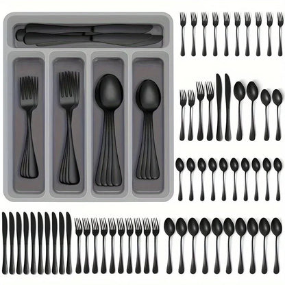 60 Pieces Cutlery Set with Drawer Storage Box Including Knives, Forks Spoons Dishwasher Safe Suitable Dinnerware Set - Blu Lotus Boutique