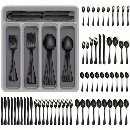 60 Pieces Cutlery Set with Drawer Storage Box Including Knives, Forks Spoons Dishwasher Safe Suitable Dinnerware Set - Blu Lotus Boutique