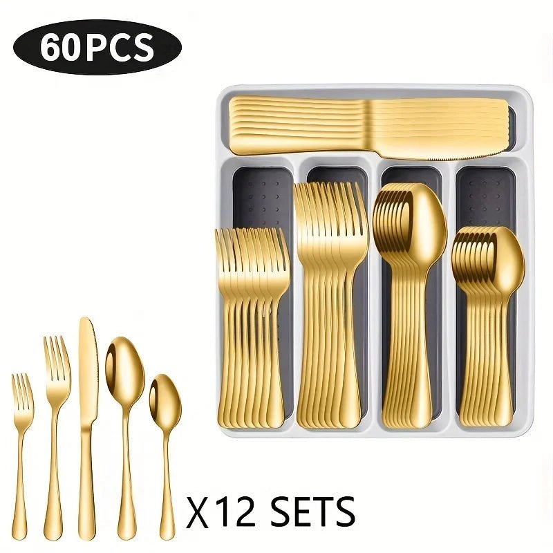 60 Pieces Cutlery Set with Drawer Storage Box Including Knives, Forks Spoons Dishwasher Safe Suitable Dinnerware Set - Blu Lotus Boutique