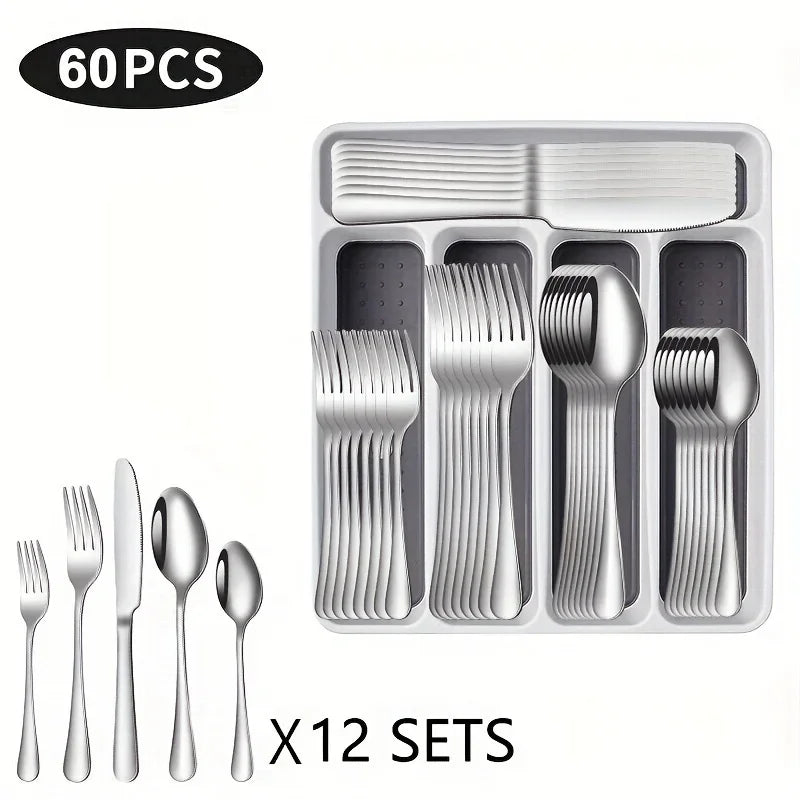 60 Pieces Cutlery Set with Drawer Storage Box Including Knives, Forks Spoons Dishwasher Safe Suitable Dinnerware Set - Blu Lotus Boutique