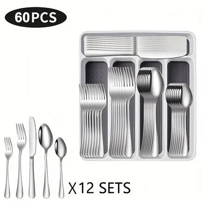 60 Pieces Cutlery Set with Drawer Storage Box Including Knives, Forks Spoons Dishwasher Safe Suitable Dinnerware Set - Blu Lotus Boutique