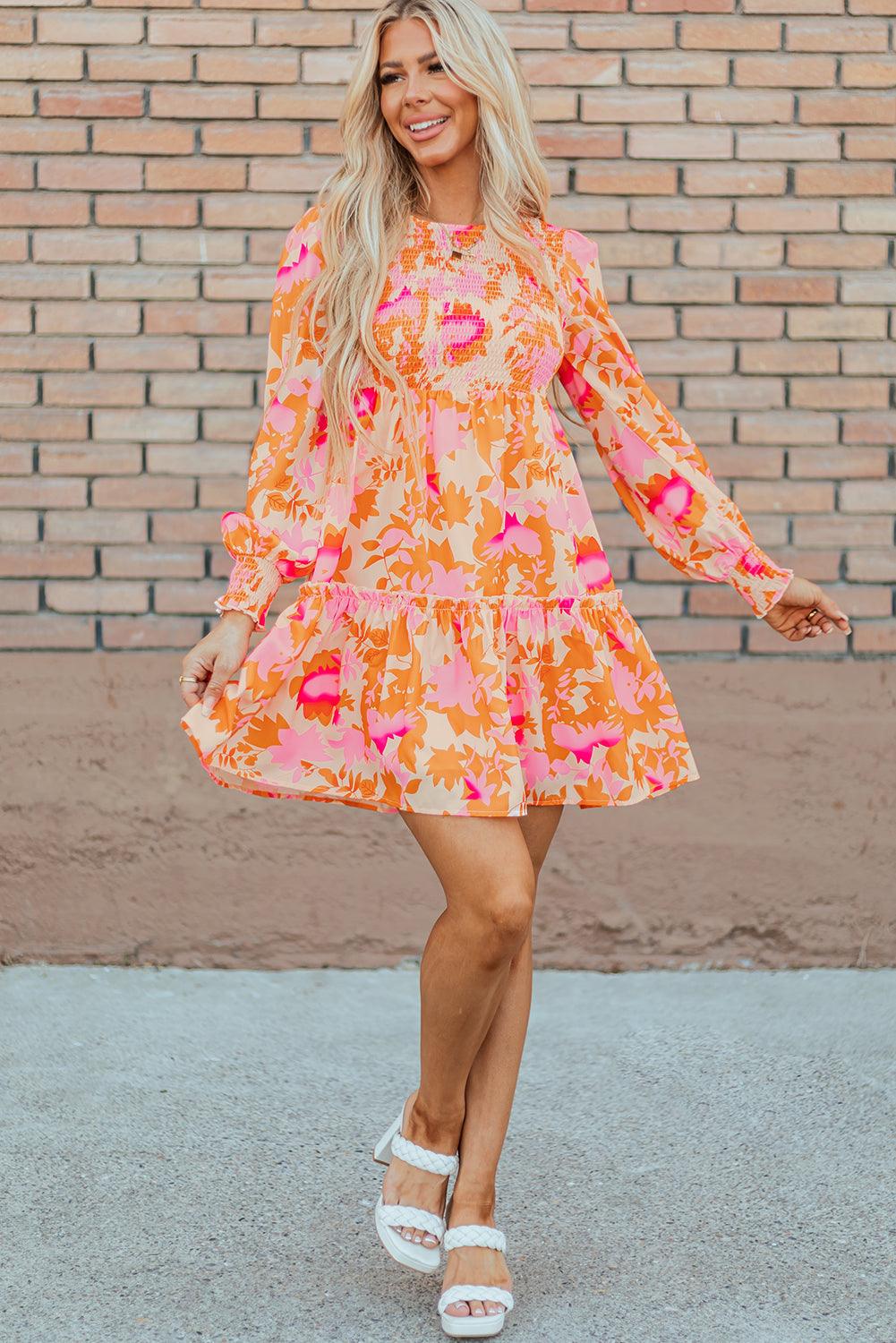 Orange Abstract Print Smocked Lantern Sleeve Ruffle Mini Dress - Blu Lotus Boutique