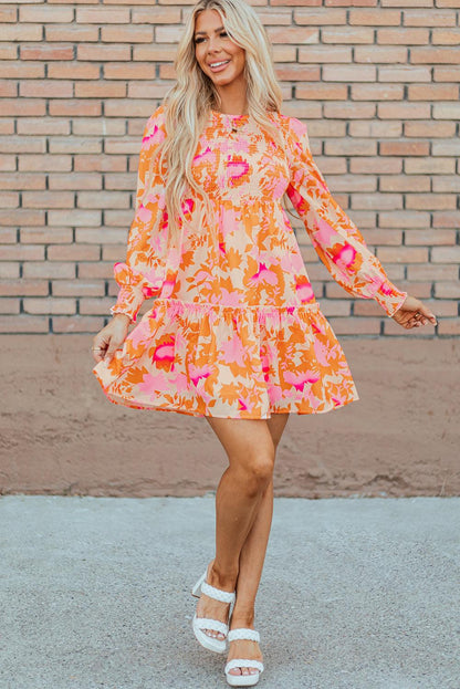 Orange Abstract Print Smocked Lantern Sleeve Ruffle Mini Dress - Blu Lotus Boutique