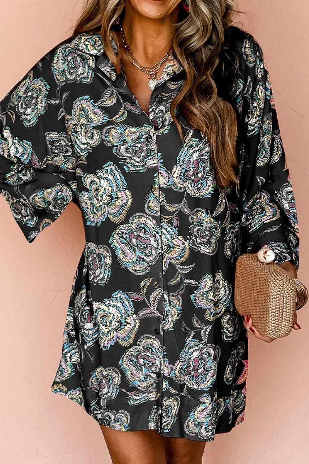 Printed Button Up Three-Quarter Sleeve Shirt Dress - Blu Lotus Boutique