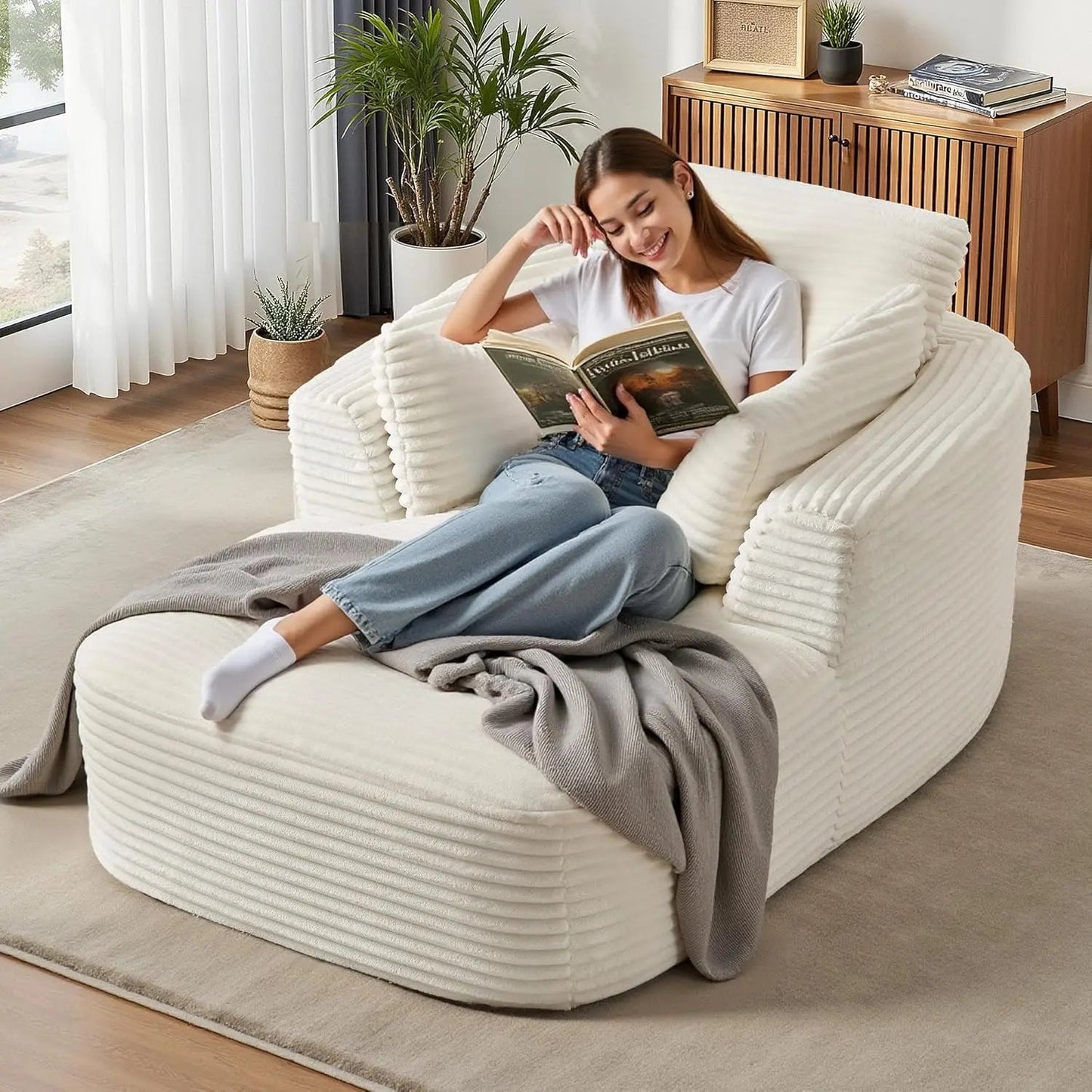"65" Corduroy Boneless Sofa - Luxurious Oversized Chaise Lounge with Deep Seat, Reading/Sleeper Chair for Living Room" - Blu Lotus Boutique