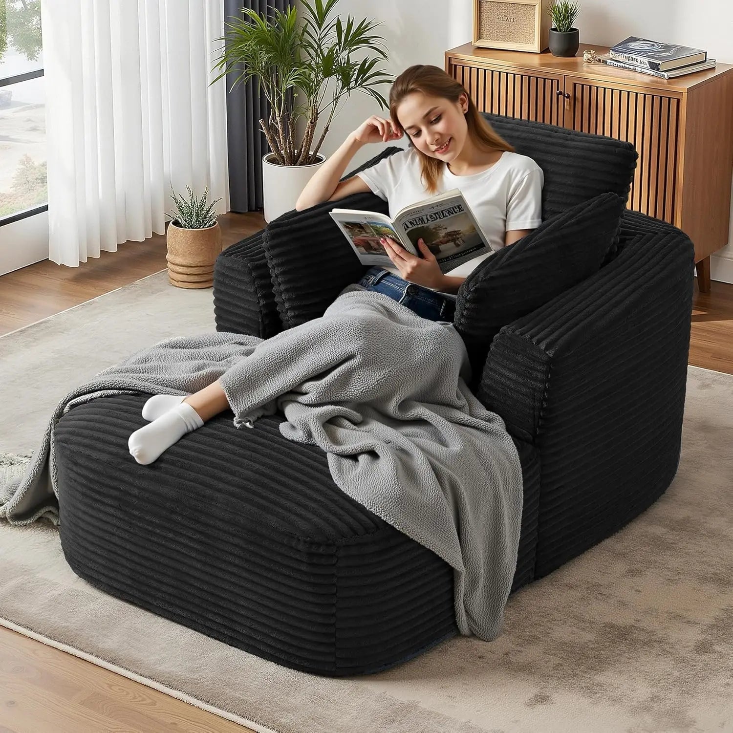"65" Corduroy Boneless Sofa - Luxurious Oversized Chaise Lounge with Deep Seat, Reading/Sleeper Chair for Living Room" - Blu Lotus Boutique