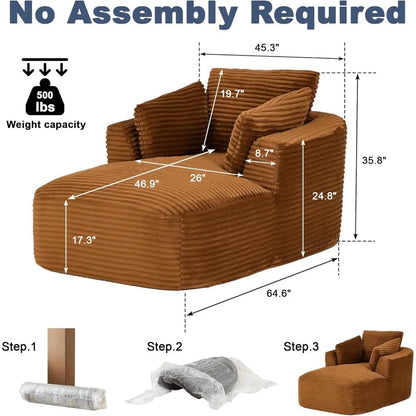 "65" Corduroy Boneless Sofa - Luxurious Oversized Chaise Lounge with Deep Seat, Reading/Sleeper Chair for Living Room" - Blu Lotus Boutique