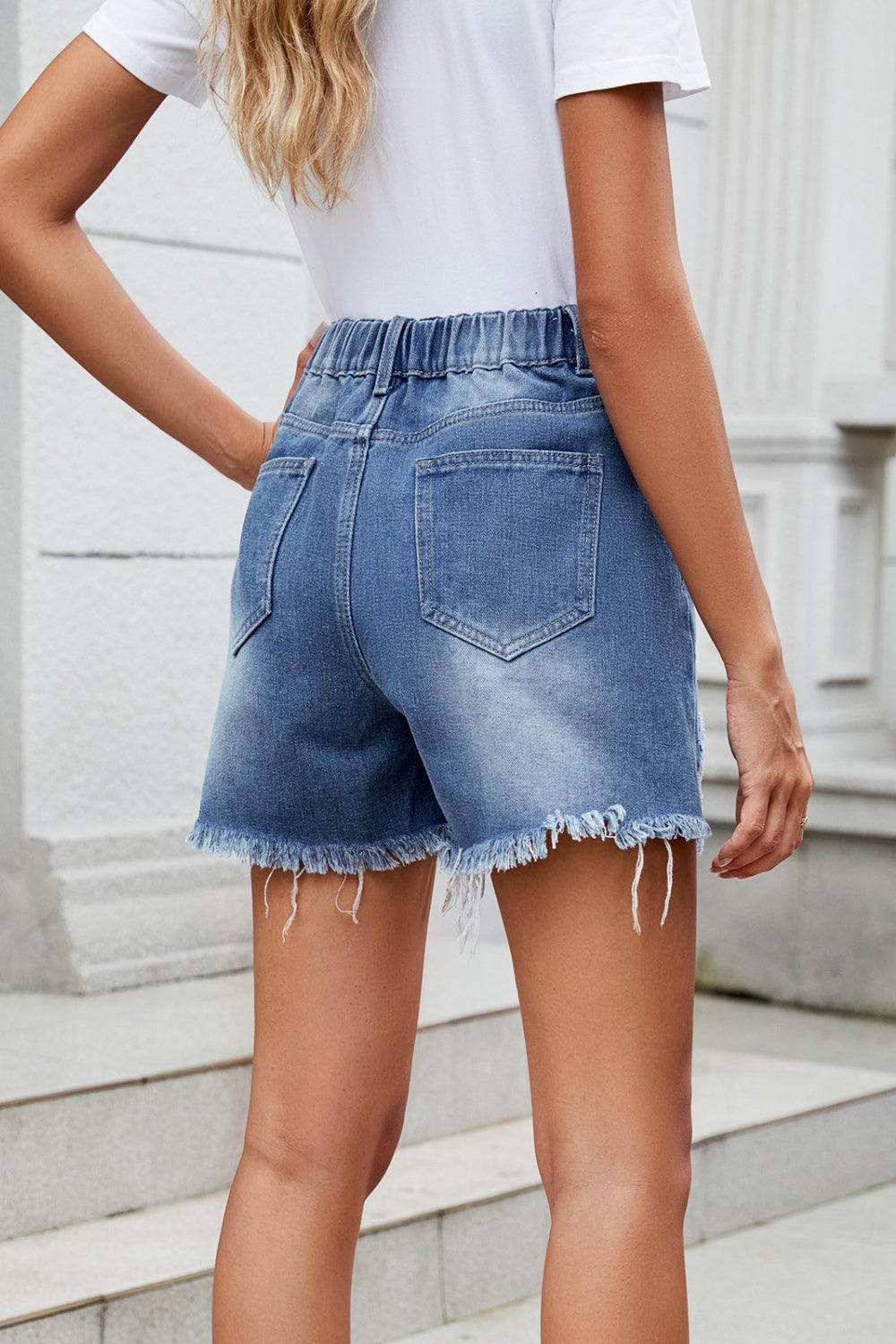 Distressed Raw Hem Asymmetric Waist Denim Shorts - Blu Lotus Boutique