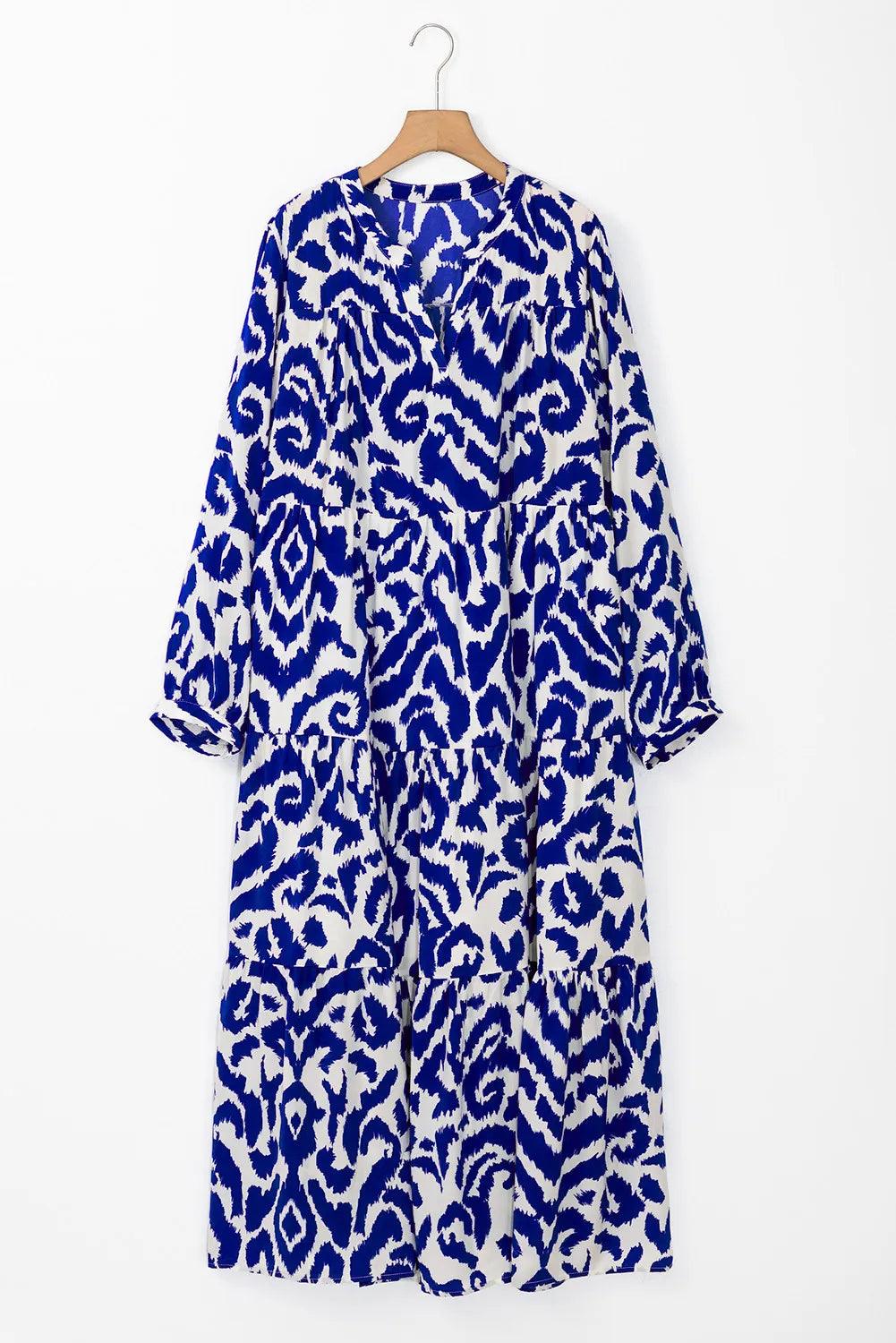 Tiered Printed Notched Long Sleeve Midi Dress - Blu Lotus Boutique