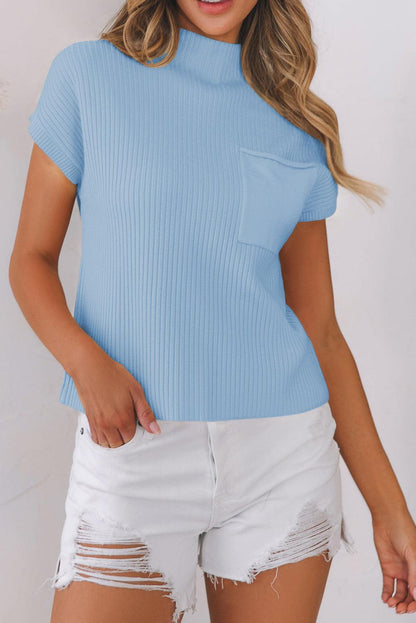 Oatmeal Patch Pocket Ribbed Knit Short Sleeve Sweater - Blu Lotus Boutique