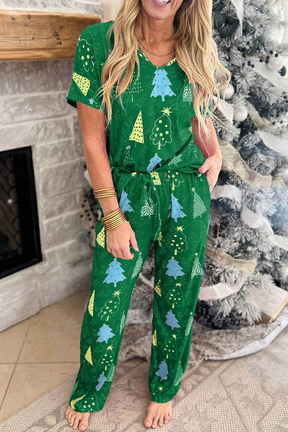 Rose Christmas Tree Print V Neck Tee and Pants Lounge Set - Blu Lotus Boutique