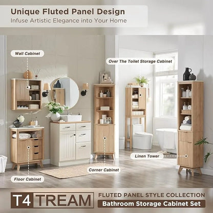 68"Tall Bathroom Narrow Storage Cabinet with Adjustable Shelf, Drawer & Faux Marble Top, Curved Profile Linen Tower for Bathroom - Blu Lotus Boutique