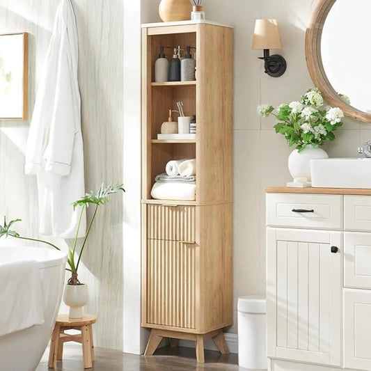68"Tall Bathroom Narrow Storage Cabinet with Adjustable Shelf, Drawer & Faux Marble Top, Curved Profile Linen Tower for Bathroom - Blu Lotus Boutique