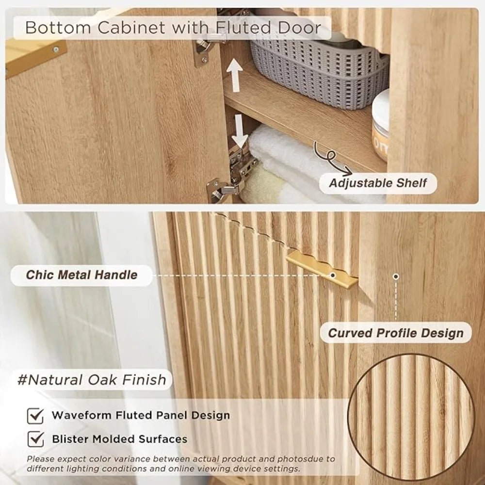 68"Tall Bathroom Narrow Storage Cabinet with Adjustable Shelf, Drawer & Faux Marble Top, Curved Profile Linen Tower for Bathroom - Blu Lotus Boutique