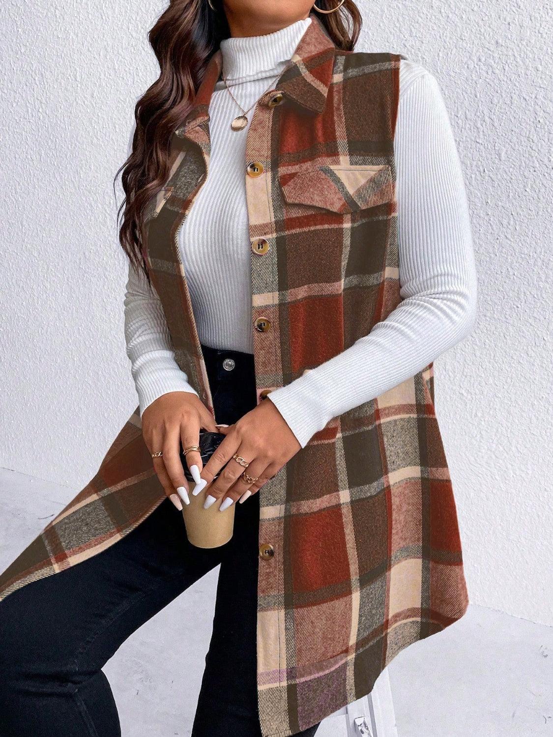 Honey Plus Size Pocketed Plaid Button Up Vest Coat - Blu Lotus Boutique