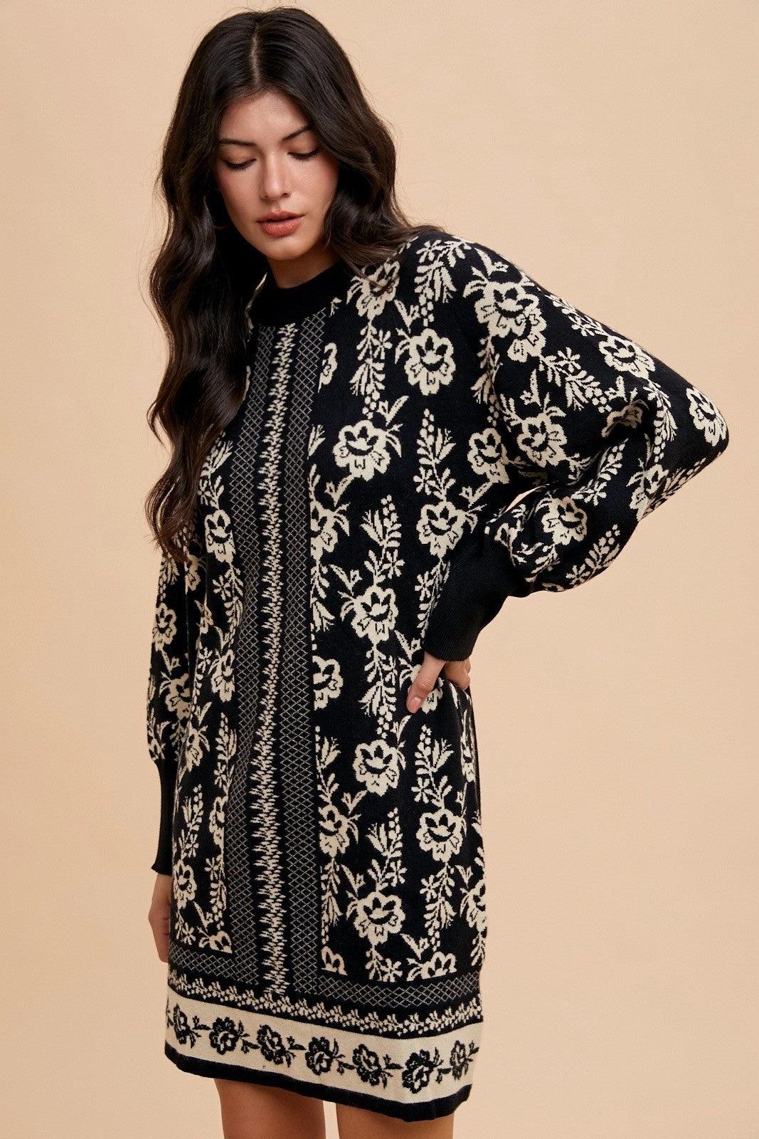 Annie Wear Floral Jacquard Round Neck Sweater Dress