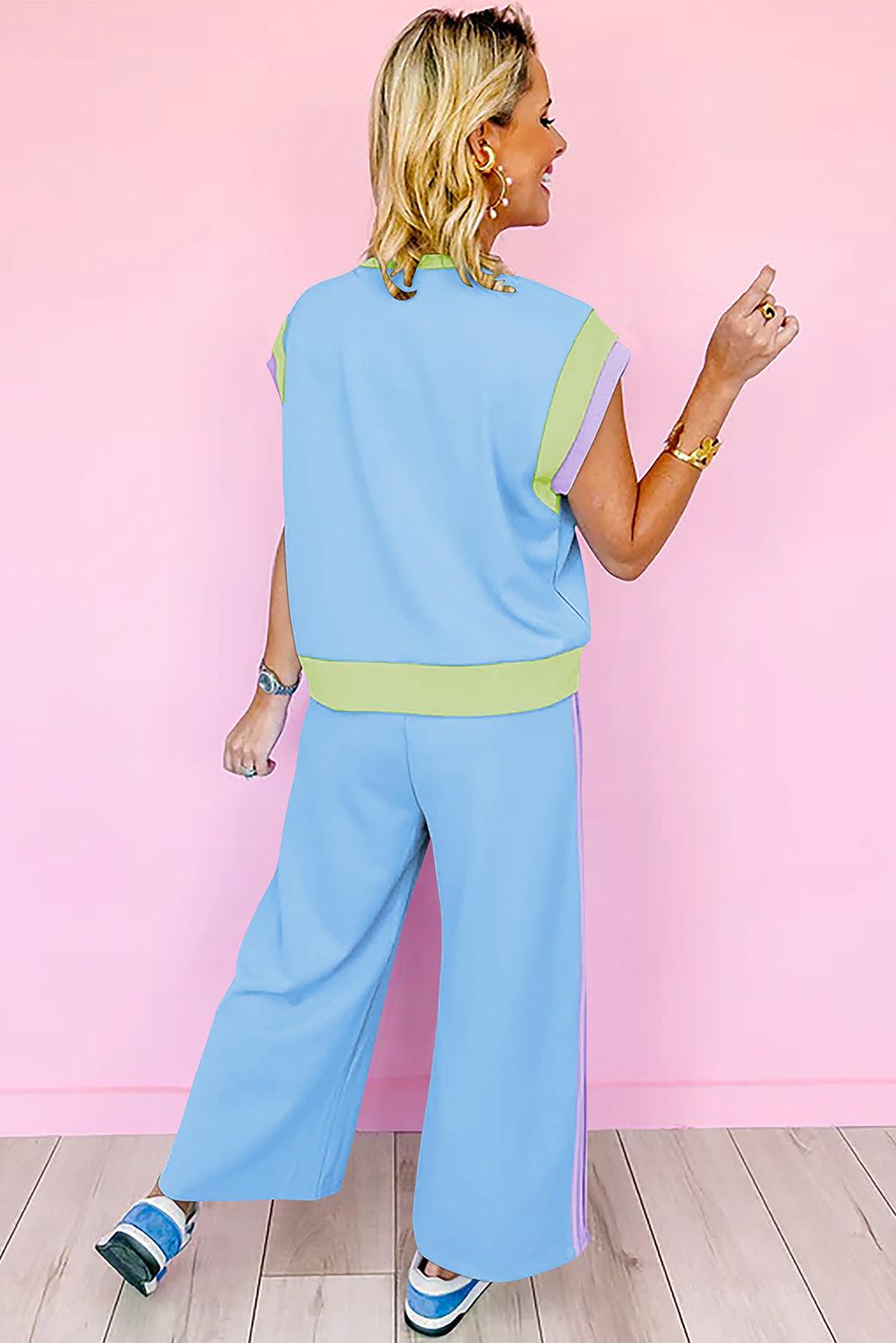 Sky Blue Color Block Detail Casual Two-piece Outfit - Blu Lotus Boutique